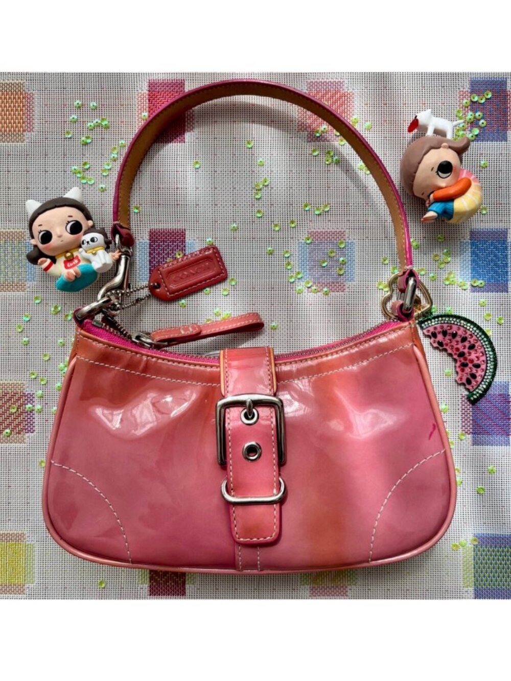 Coach Raspberry Pink Patent Leather Hamptons Demi Buckle Bag / Rare